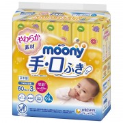 Влажные салфетки Moony Pure Water 99.9% для гигиены рта и рук малыша, блок 60x3 шт.